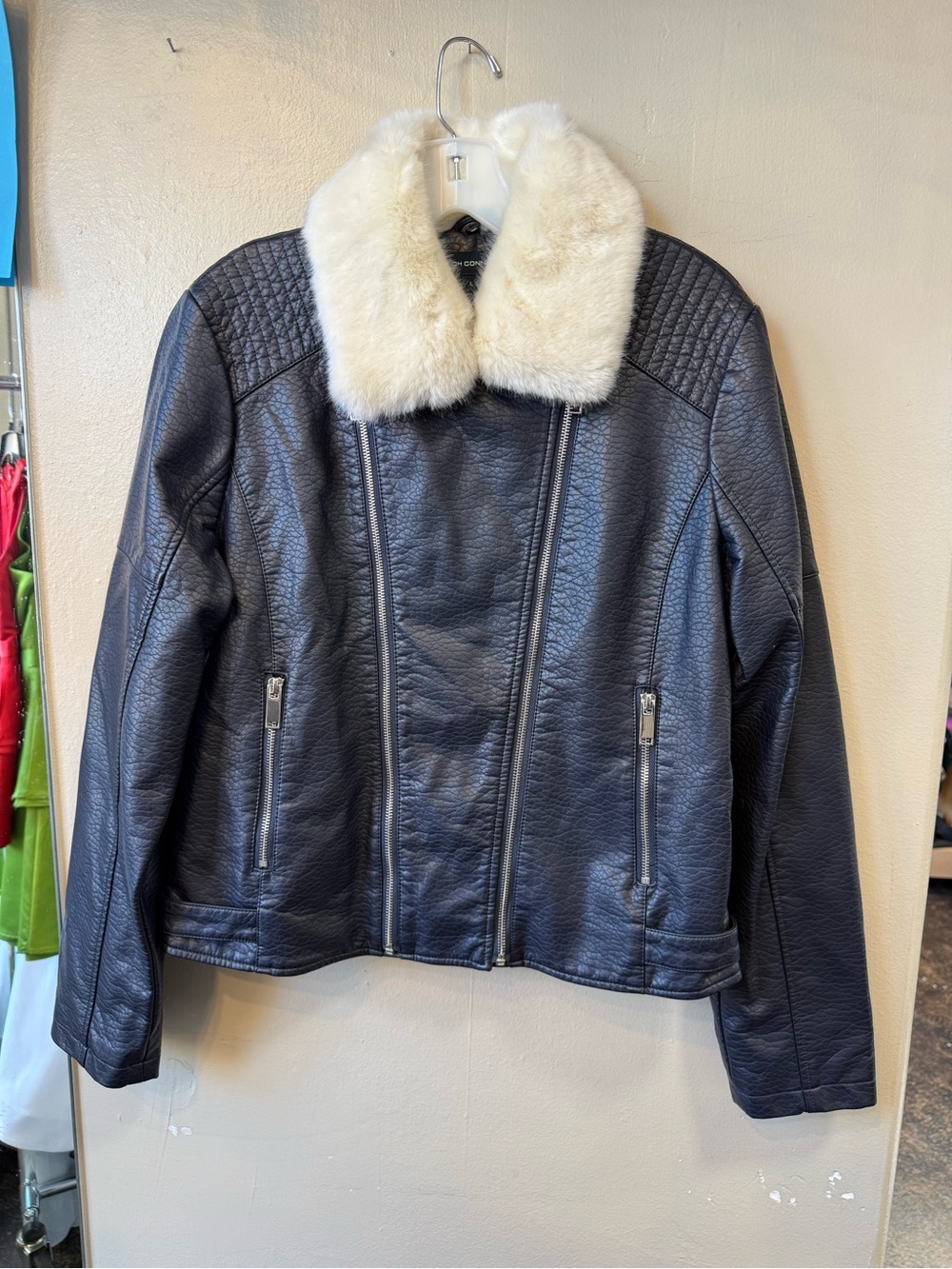 French Connection Navy Faux Leather Faux Fur Collar Moto Jacket L